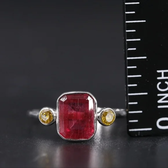 14K Gold Rubellite Tourmaline & Yellow Diamond Ring - Artisan Minimalist - Picture 2 of 4